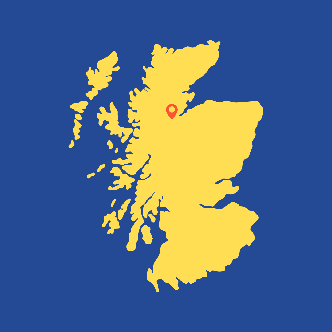 Yellow map of Scotland on blue background with Highlands highlighted to show where Teapot Trust spent this grant