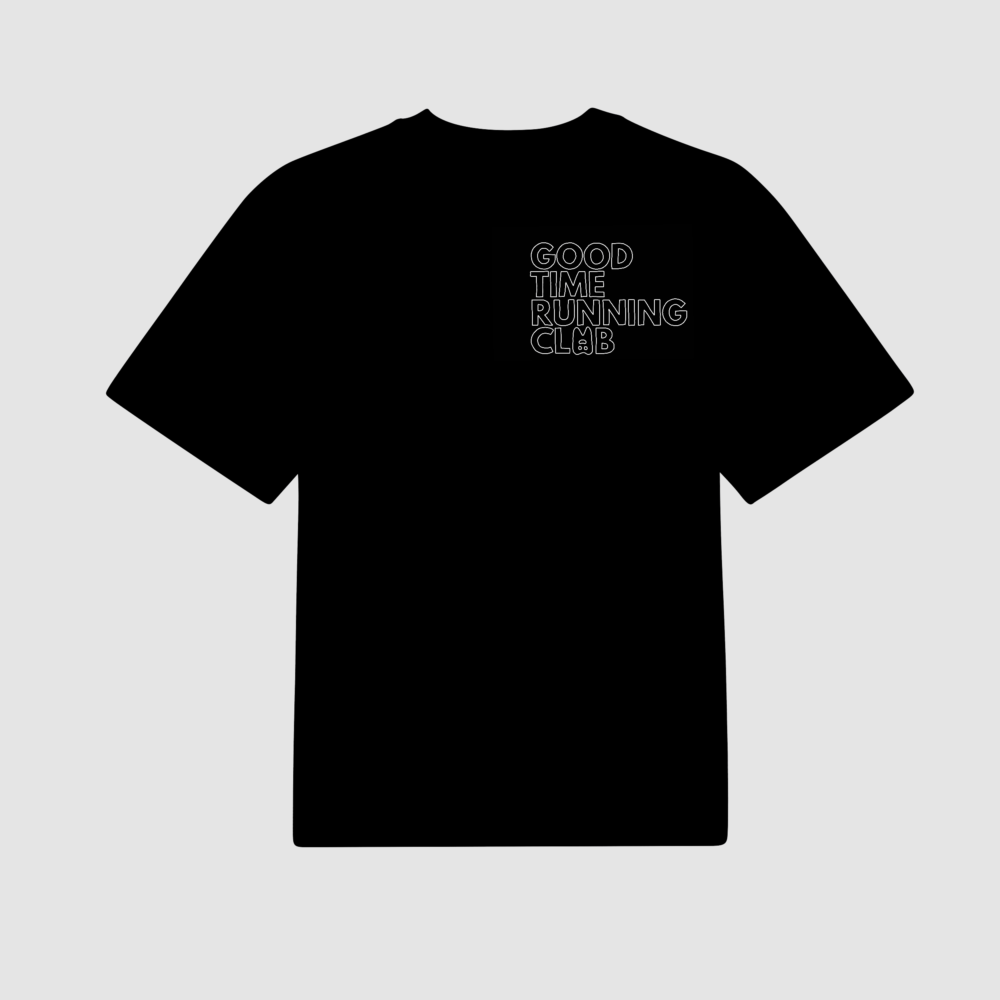 black technical shirt that says good time running club